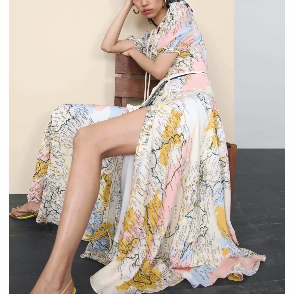 Derek Lam 10 Crosby Map Print Midi Shirt Dress Italy Short Sleeve 4
